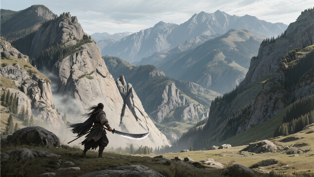 一幅描绘阿勒泰风如绝世刀客削凿山峦的场景，背景为可可托海的千嶂迭嶂。