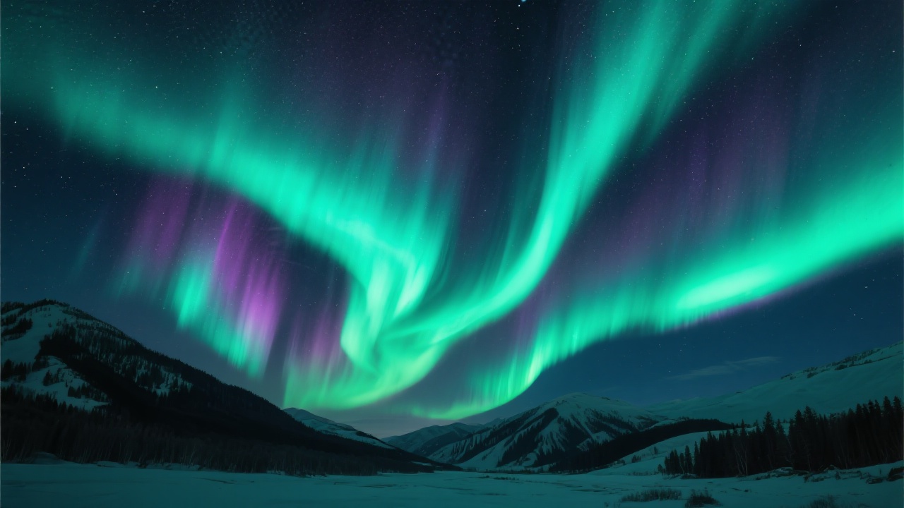 一张阿勒泰夜空中的极光景象，如剑气横绝长空，绿辉奔流、紫芒蜿蜒。