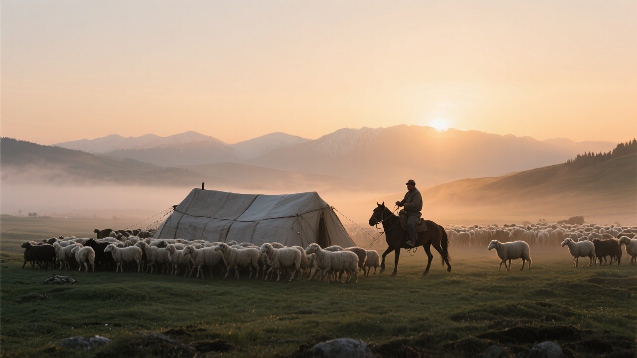 阿勒泰牧人骑马放牧羊群的游牧生活图景，帐篷移动在晨曦下，象征天人合一。