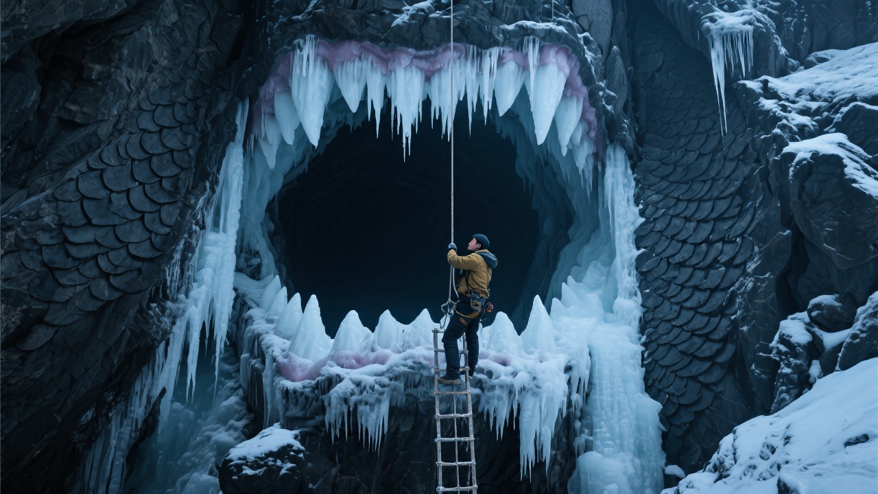 宏大的自然场景:阿尔泰山冰蚀窟窿入口如巨兽口腔,冰凌覆盖的黝黑岩壁似披覆鳞片。渺小的科考队员秦川沿绳梯垂降深渊,头顶悬垂千年钟乳状冰柱。森冷寒气弥漫,展现人类探索自然秘境的震撼画面。