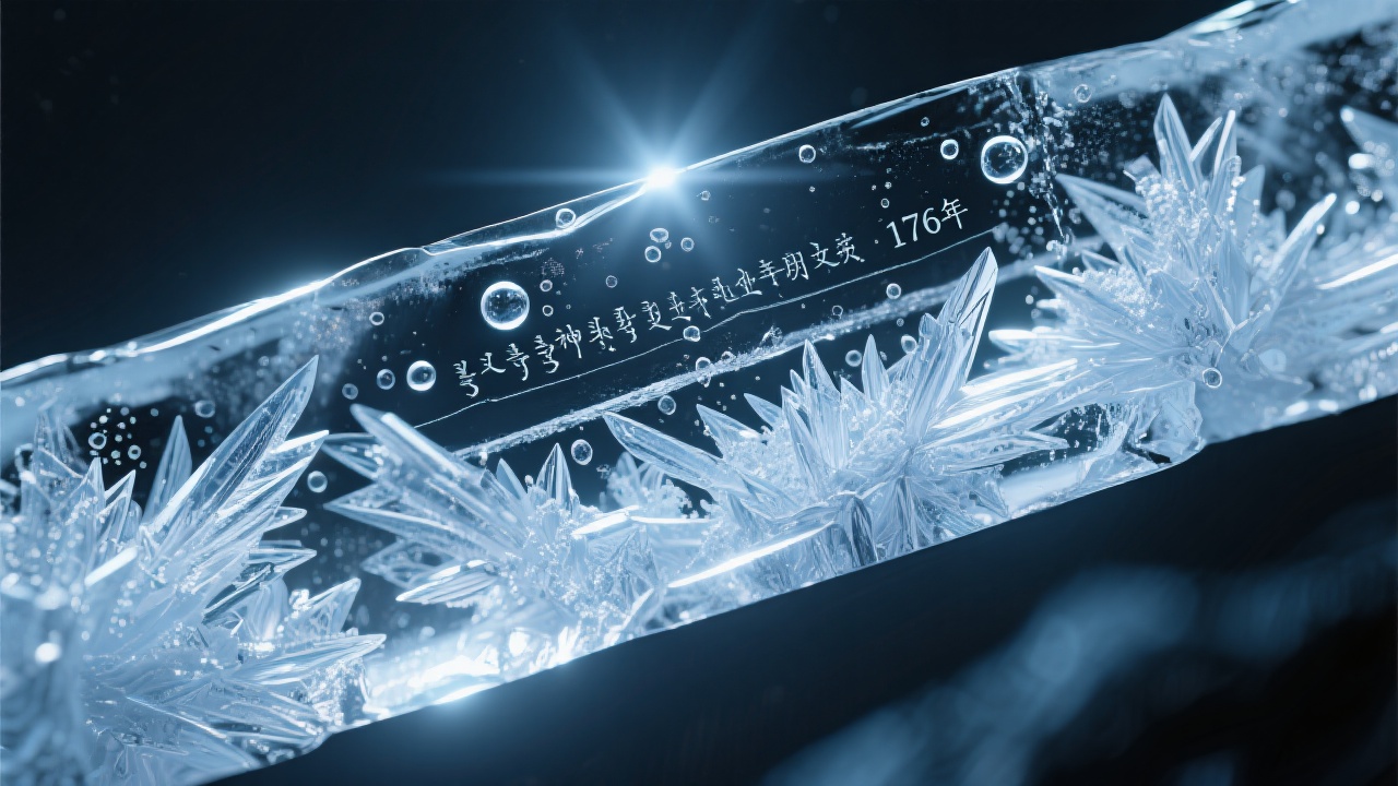 微观冰晶特写:头灯光束穿透致密冰层,折射出亿万霜晶的精密纹路,宛若神明法典。冰层中封印的微尘气泡如暗夜诗篇,横压线标记着176年前的历史印记。展现冰芯作为地球编年史的惊人细节。