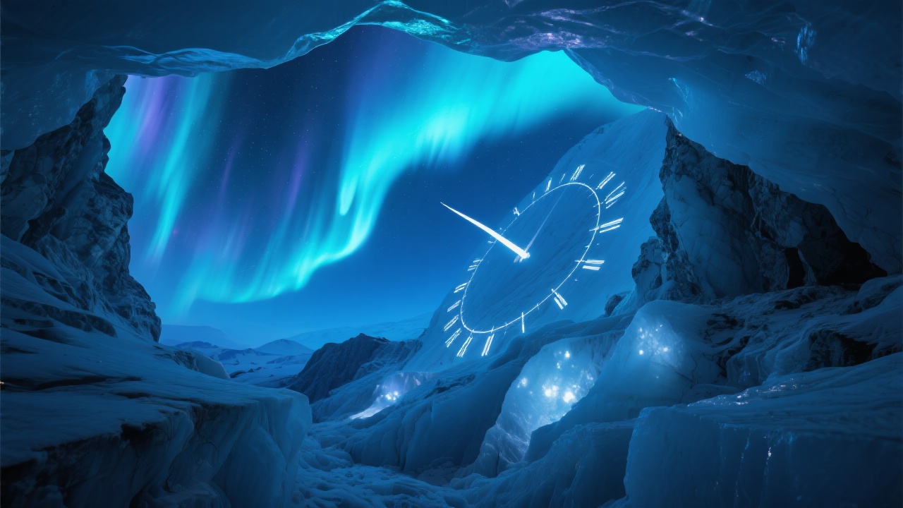 奇幻光影场景:幽蓝光芒在冰窟顶部流转,冰穹棱角将微光折射成流动的极光幻影。光斑在嶙峋岩壁上明灭游移,形成以光蚀刻的无形日晷。展现冰川作为天地时辰记录者的超现实美感。