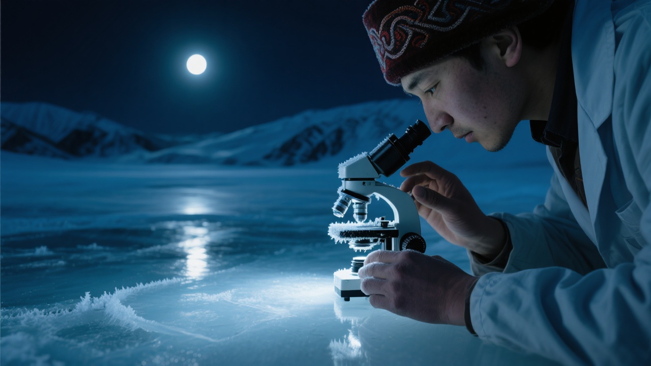 科研工作场景:月光经冰面反射照亮冰川实验室,哈萨克族助手俯身操作显微仪。指尖在目镜凝结霜花,仪器冷光与自然月光交融。展现人类解读大地密码的专注时刻。