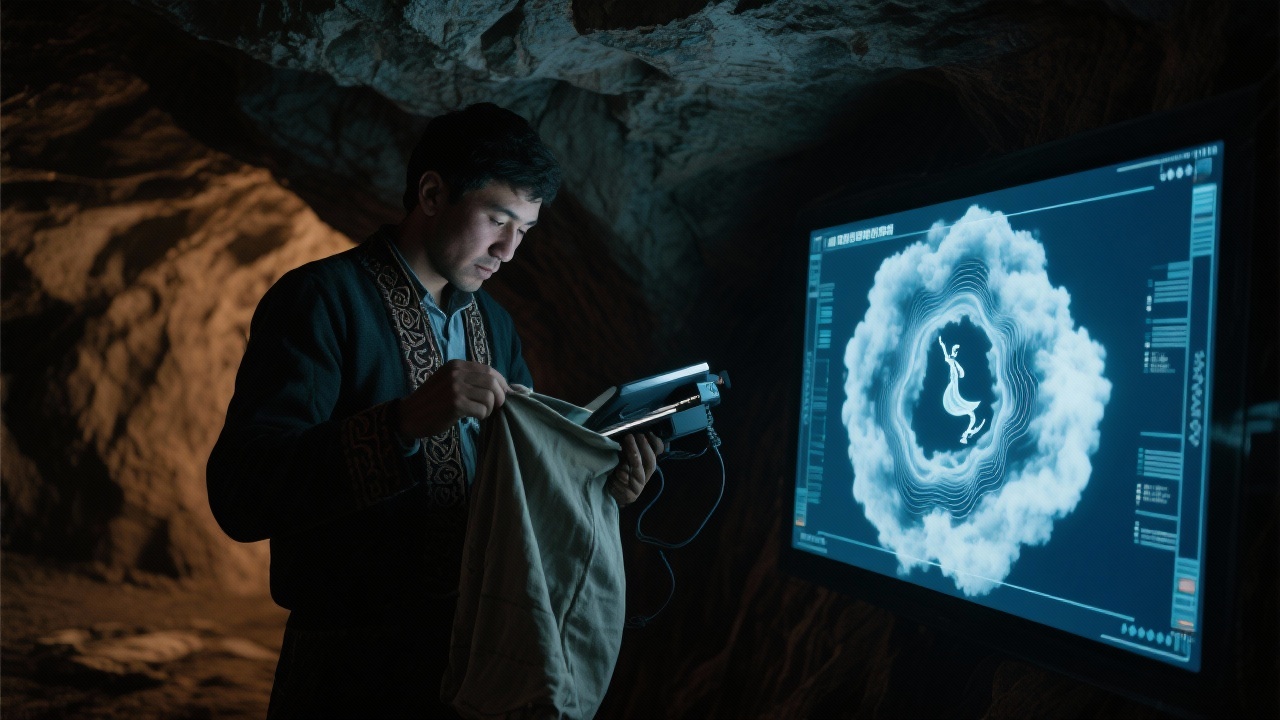 巴合提在岩洞阴影处解开褪色布囊，使用暗银频谱仪操作触控屏，屏幕上实时显示漩涡云团形态的声纹轨迹，古老呼吸在晶片里投影成可见的舞