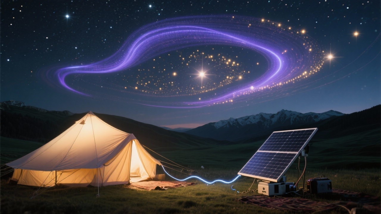 星光下帐篷内，巴合提将数据线接入太阳能处理器，空中浮现蓝紫色弧线与淡金斑点互相编织、涨落湮灭，如同游牧的星屑在构建宇宙的声纹全息图