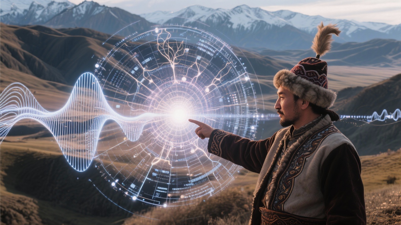 巴合提指向声纹图谱核心，图谱中沟壑纵横的声响血脉，无字长歌被解构成光的形态，表达游牧宇宙自身跳动的全息图