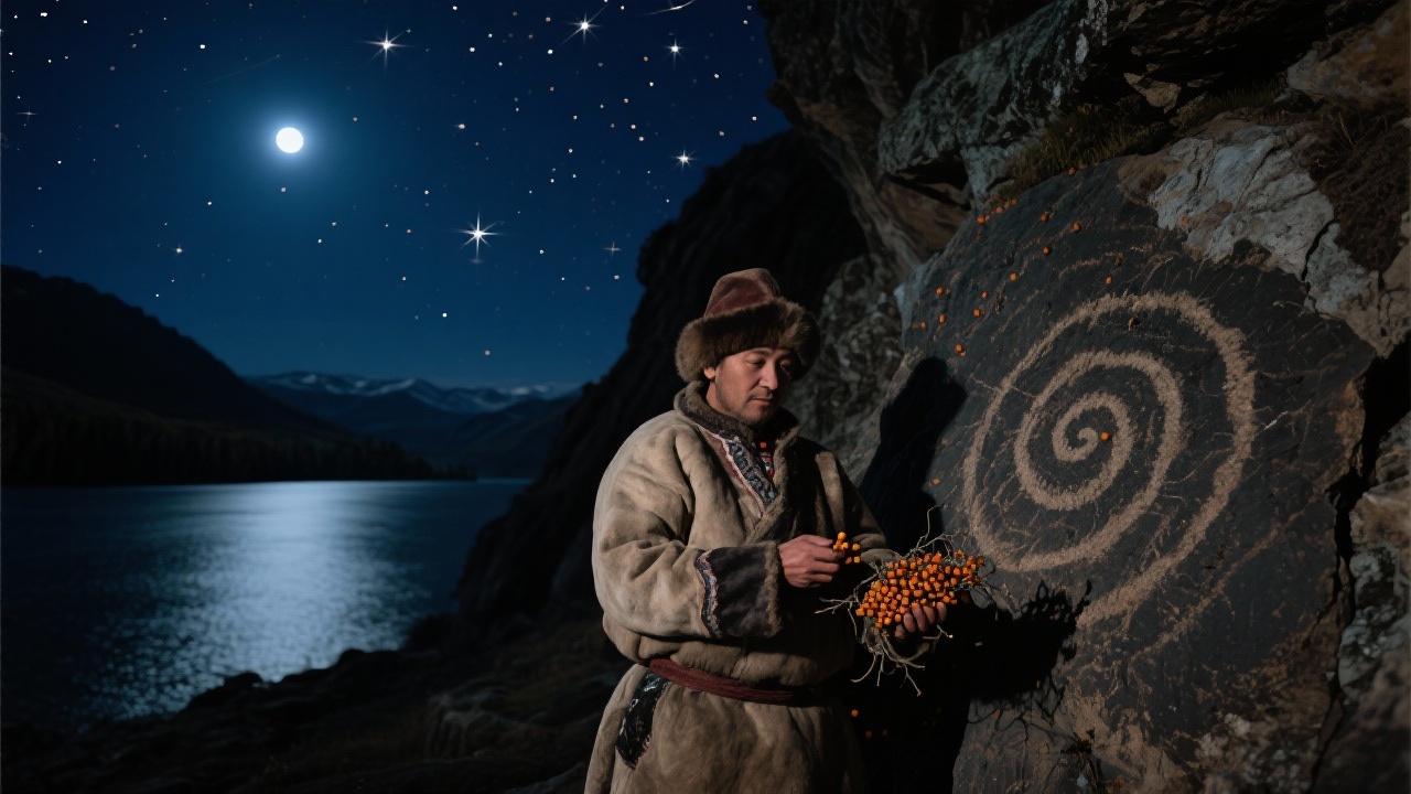 月夜场景,游牧者托布罕在喀纳斯湖岩窟前,手持沙棘种实对照岩画螺旋纹。夜空北斗星闪耀,玉轮初升。
