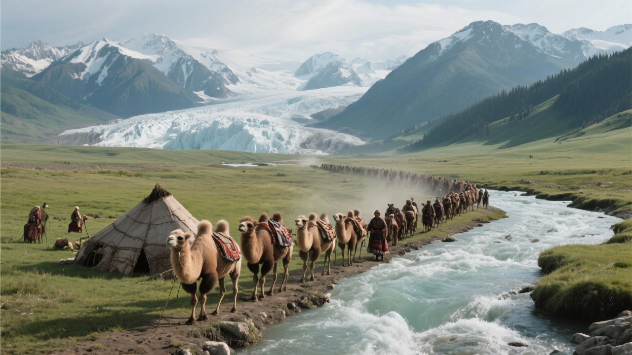 北疆草原部落迁移场景,驼队循孔雀河道行走,冰川融水背景。象征物候预言预警饥馑,免于灾荒。