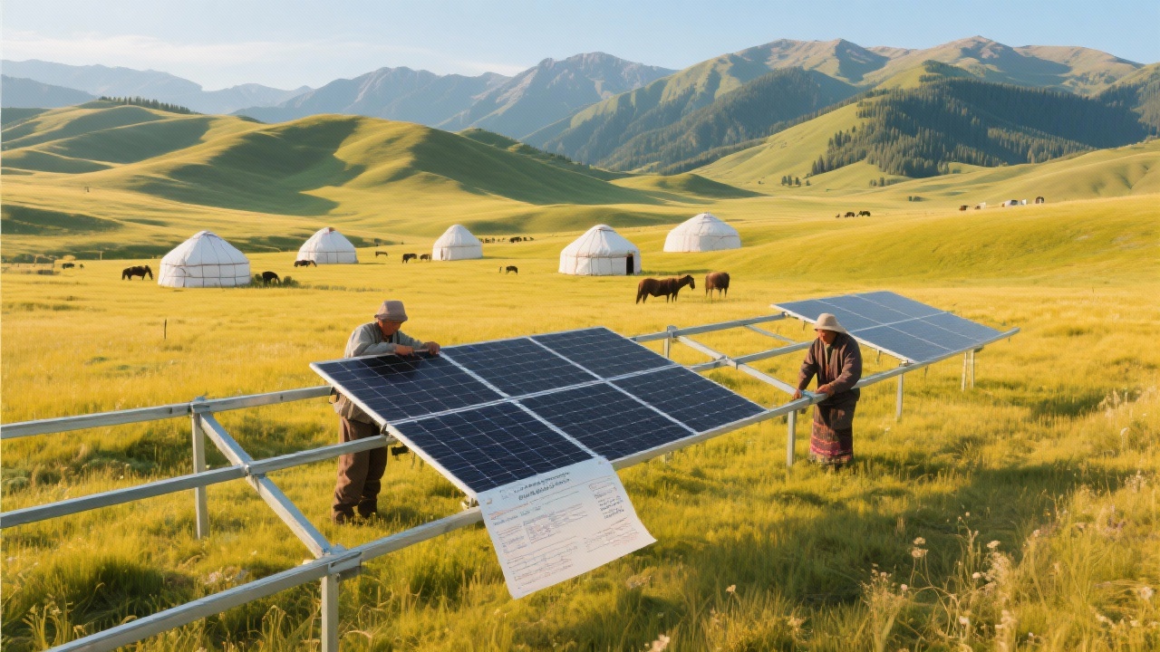 哈萨克牧民在金色草原上安装太阳能光伏板，钢架下压着褪色的账单，远处可见白色毡房和起伏山丘，阿勒泰地区盛夏景象。