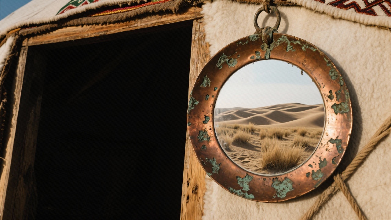哈萨克毡房门口悬挂的古老铜镜特写，镜面映照戈壁滩草浪与风沙轨迹，铜质边缘坑洼磨损，散发岁月幽光。