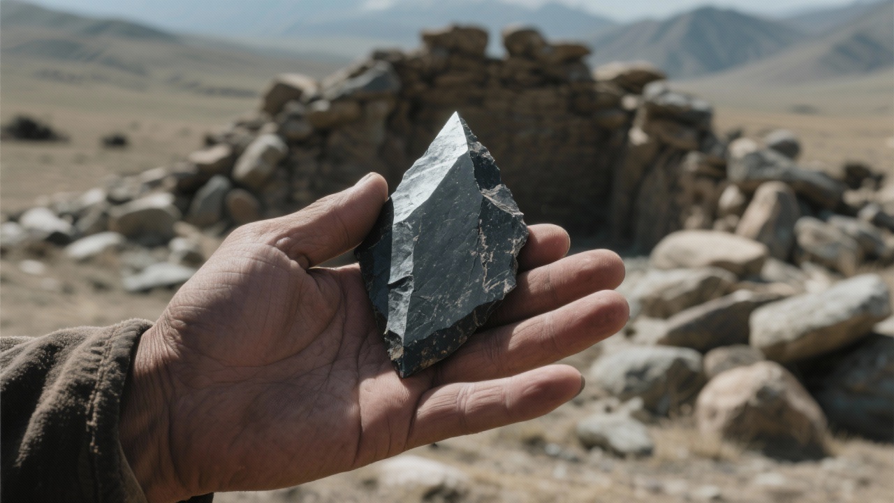 牧民手掌托着黝黑冰冷的远古石片，刃口流转凝固的纯粹光晕，背景为荒弃的石堆遗址，营造亘古神秘的氛围。