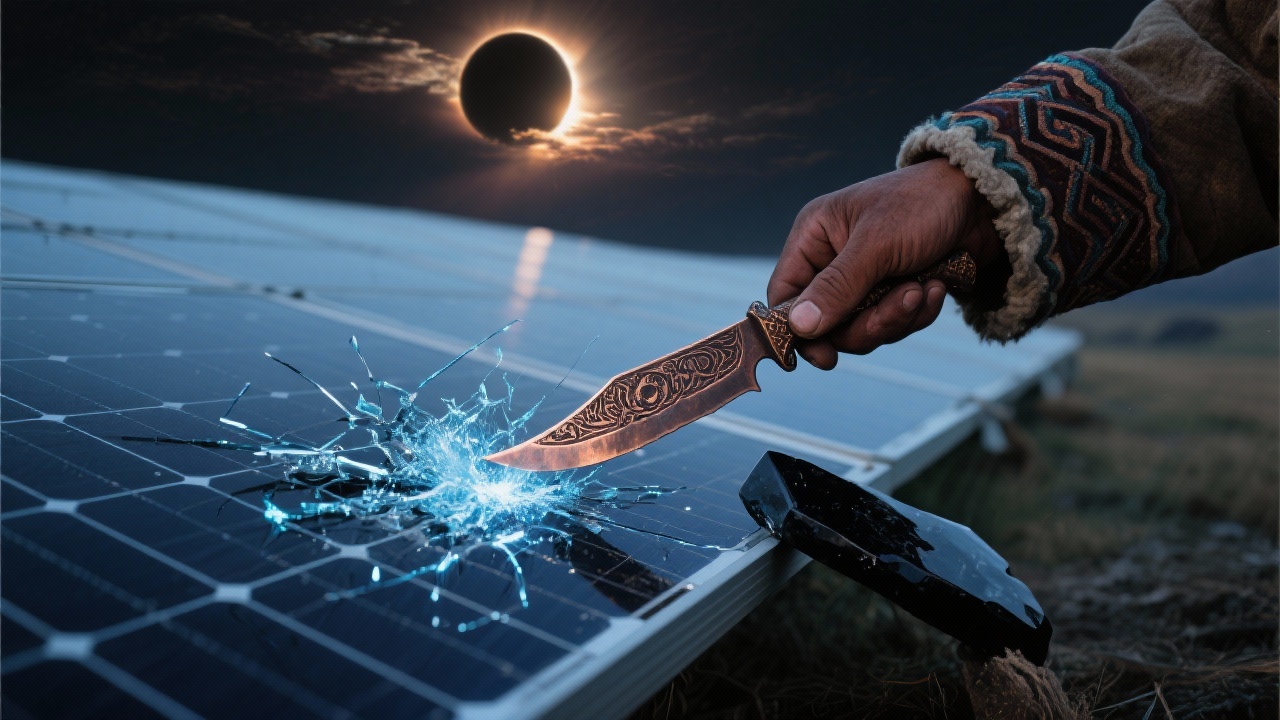 日蚀时分的光伏板表面浮动幽蓝寒光，旁边放置脉动的黑曜石刃，牧民手持蚀刻铜刀轻刮光线，光线碎裂渗入铜孔。