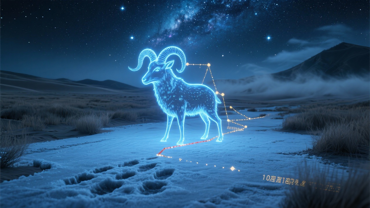 盐板上浮动深蓝星轨全息图，狼爪痕幻化为星座，赤金虚线勾勒出古代巨角盘羊迁徙路线，十级沙尘暴坐标悬浮于星空，背景为银河与芨芨草滩，冷调荧光