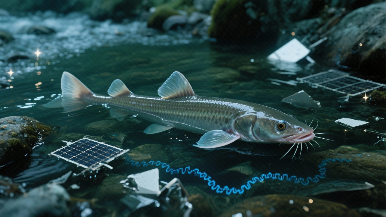 七鳃鳗唇纹贝加尔茴鱼在溪流中静止，半透明鱼鳍失去方向光晕，水底散落星链卫星残骸碎片，钴蓝色基因编码链从鱼身抽离消失，暗绿冷色调