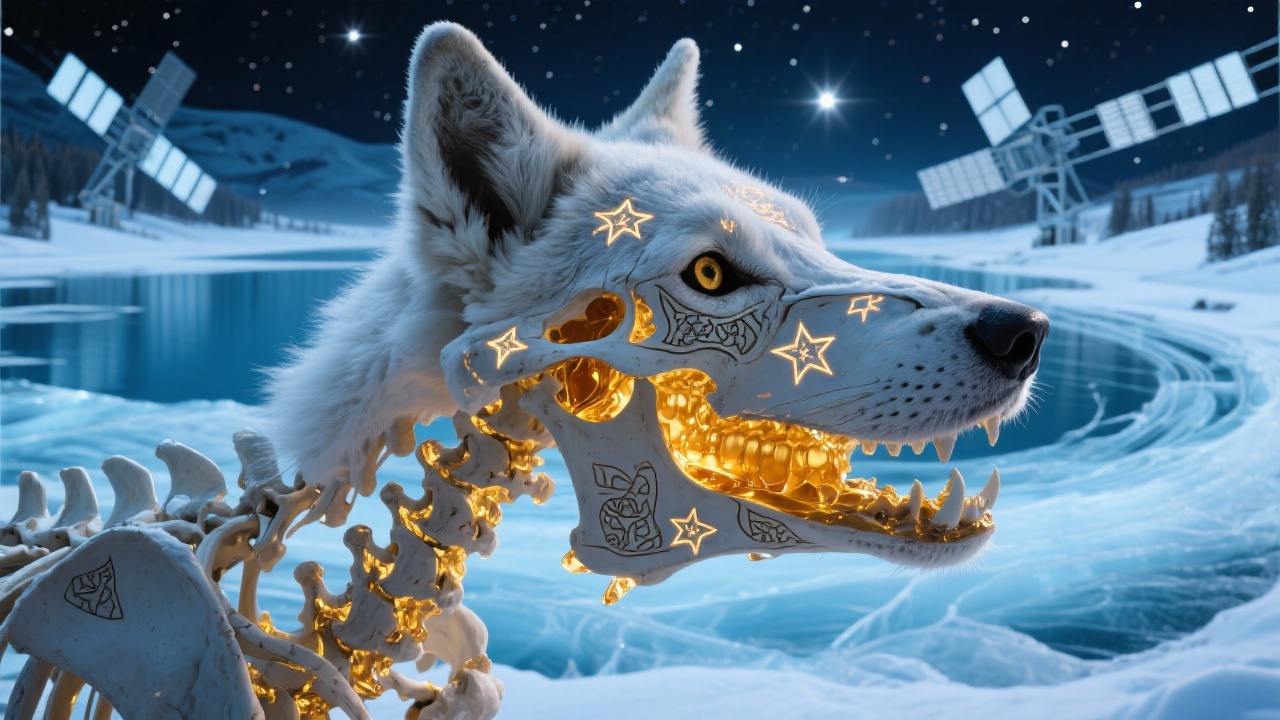 成年雄性雪狼髀骨特写，骨面刻满发光古突厥星符，骨腔内金琥珀色蜂蜜沸腾，背景是旋转的喀纳斯湖冰层与星链卫星阵列，蓝白冷光与暖蜂蜜色对比
