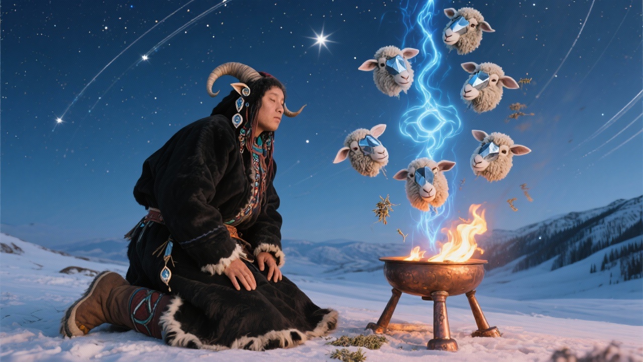 萨满倒披黑山羊皮袄跪坐，左足跟触碰铜质三足火塘，空中悬浮六枚缠绕铋晶体的绵羊耳标，苦艾草籽在星轨中燃烧，装置喷涌湛蓝磁力束射向北极星