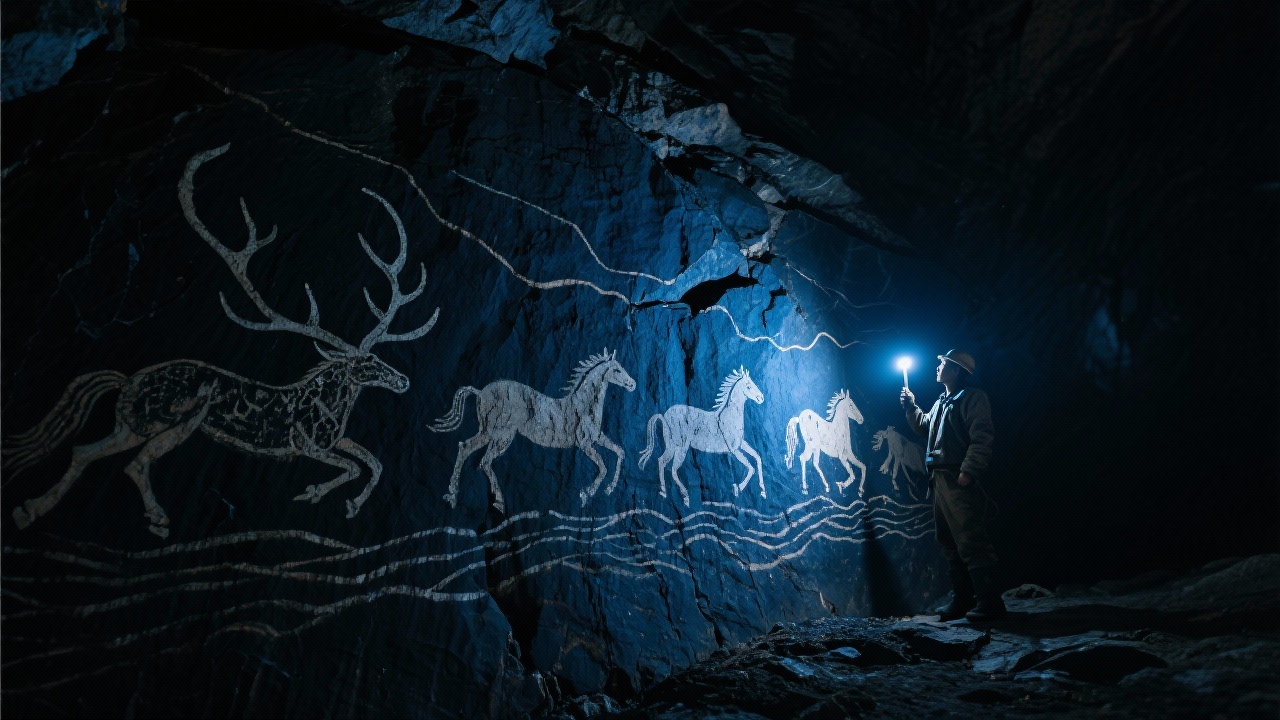 矿灯照射下湿漉墨黑岩壁，远古游牧先民绘制的奔马群自寒武纪深水呼啸而出凝伫石壁，鹿角曲线如山河脉律在幽蓝光影中浮现，矿工身影在岩画前举灯凝望