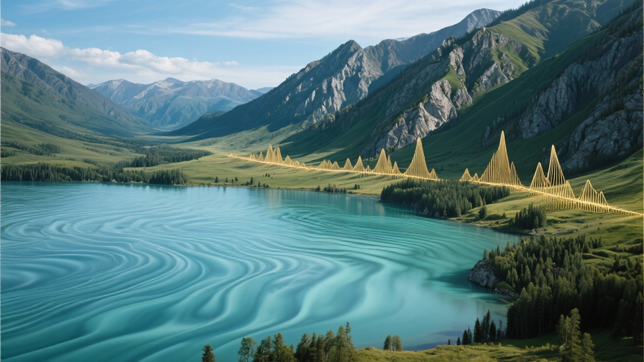 喀纳斯湖的澄澈波动泛起地质图般波纹，花岗伟晶岩脉如金色琴弦贯穿阿尔泰山褶皱，岩层纹理化作蒙古族长调的起伏线谱，地震波频在地平线下低回震荡