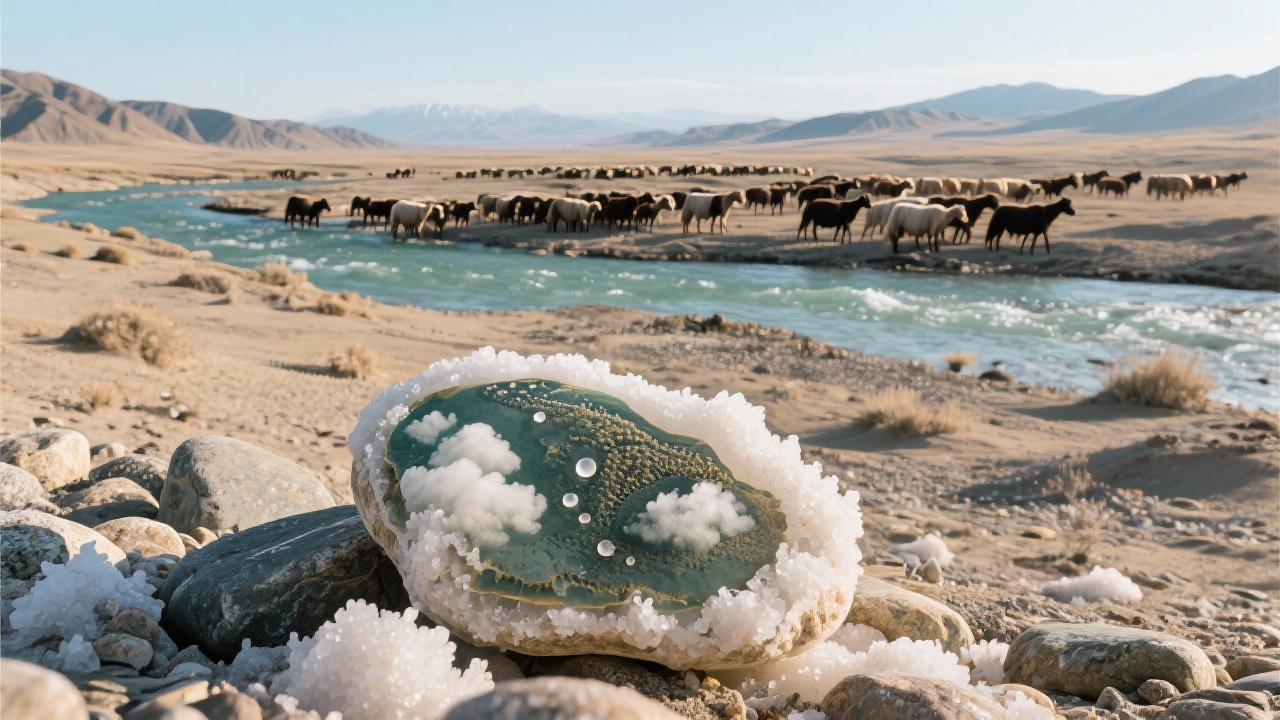 风干的古海泪盐结晶成戈壁滩上苍劲图瓦牧歌，青格里河卵石包裹体里悬浮着寒武纪云朵水珠，哈萨克转场牧群与大陆板块在地平线同步缓慢漂移