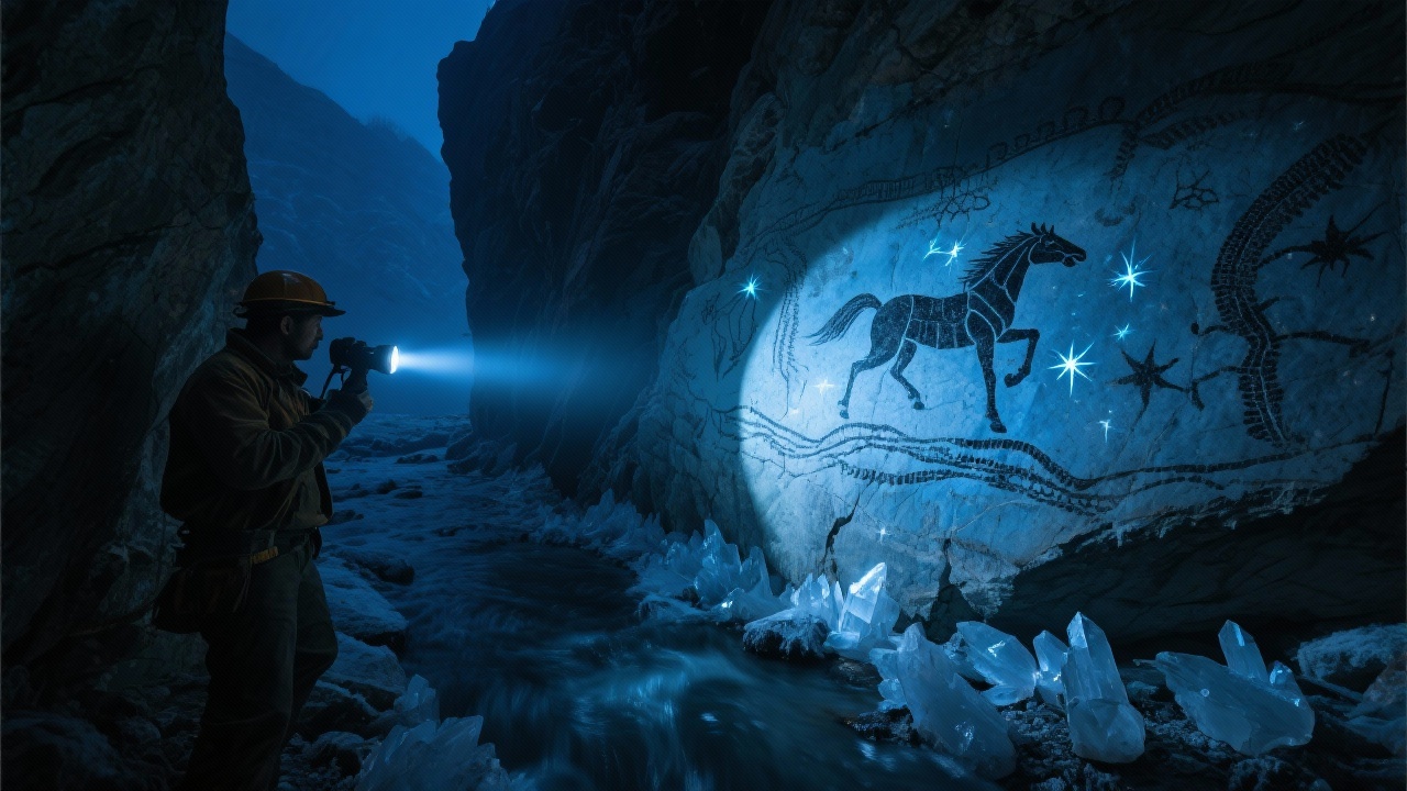 探矿者矿灯扫过暗河岩壁，石英晶簇在寒武纪岩画上迸发幽蓝星芒，冰霜簌簌落下新冰川纪投影，光斑中奔马踏着古海洋软腔穿越亿万载时空