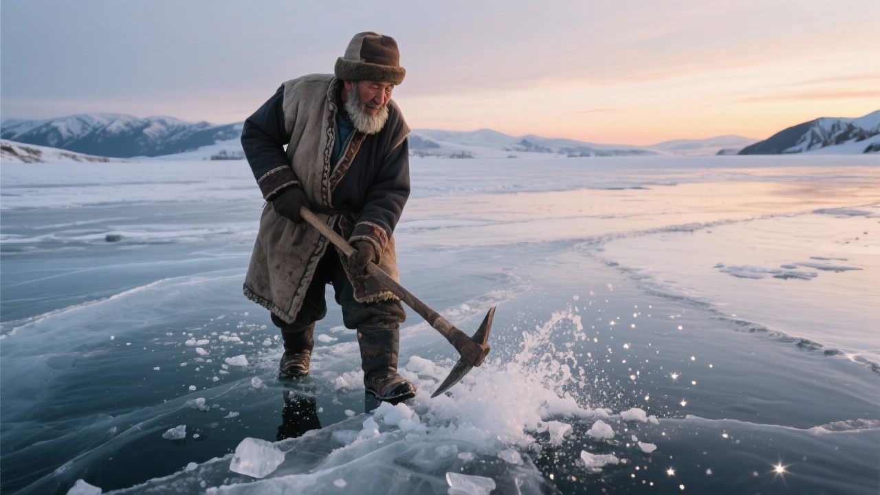 黄昏时分，老牧人拖着旧镢头在冰湖上凿冰，冰屑如星尘般爆溅的场景。
