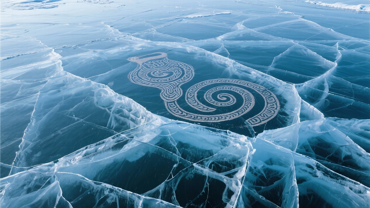冰面上的裂痕在扩张、分枝、缠绕，如同古老的游牧者陶罐螺旋涡纹或萨满岩画符咒。