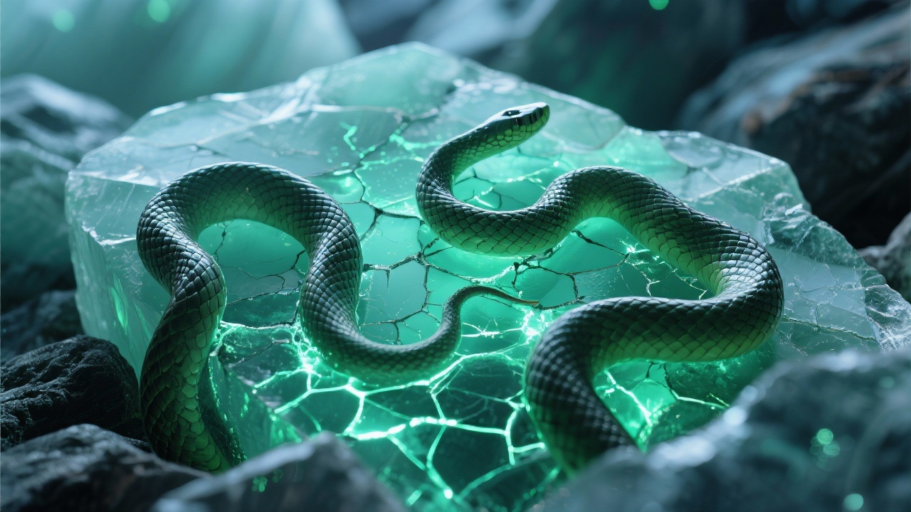冰裂纹深处渗出幽绿微芒，其状如蛇信伸展、扭曲盘结、断裂重组的诡异光芒。