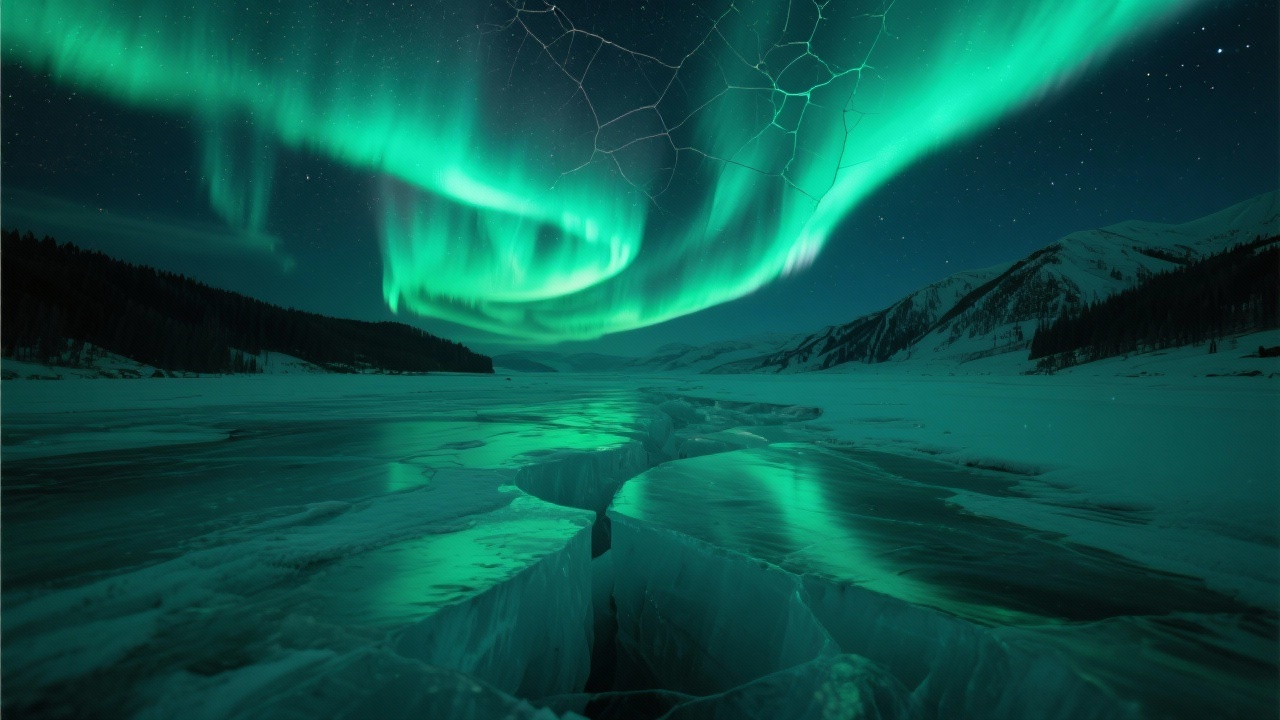 冰隙中浮动的绿辉以无形之笔涂抹深穹，冰裂网成为夜空投影幕，北极光垂落其上，展现宇宙电磁与粒子的原始独舞。