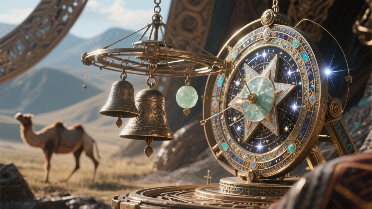 一幅古风科技图像：游牧定位仪的精钢骨架、悬空玉衡铜舌驼铃、环绕珐琅星宿圆盘，光线反射闪烁，展现赫兹震频技术。