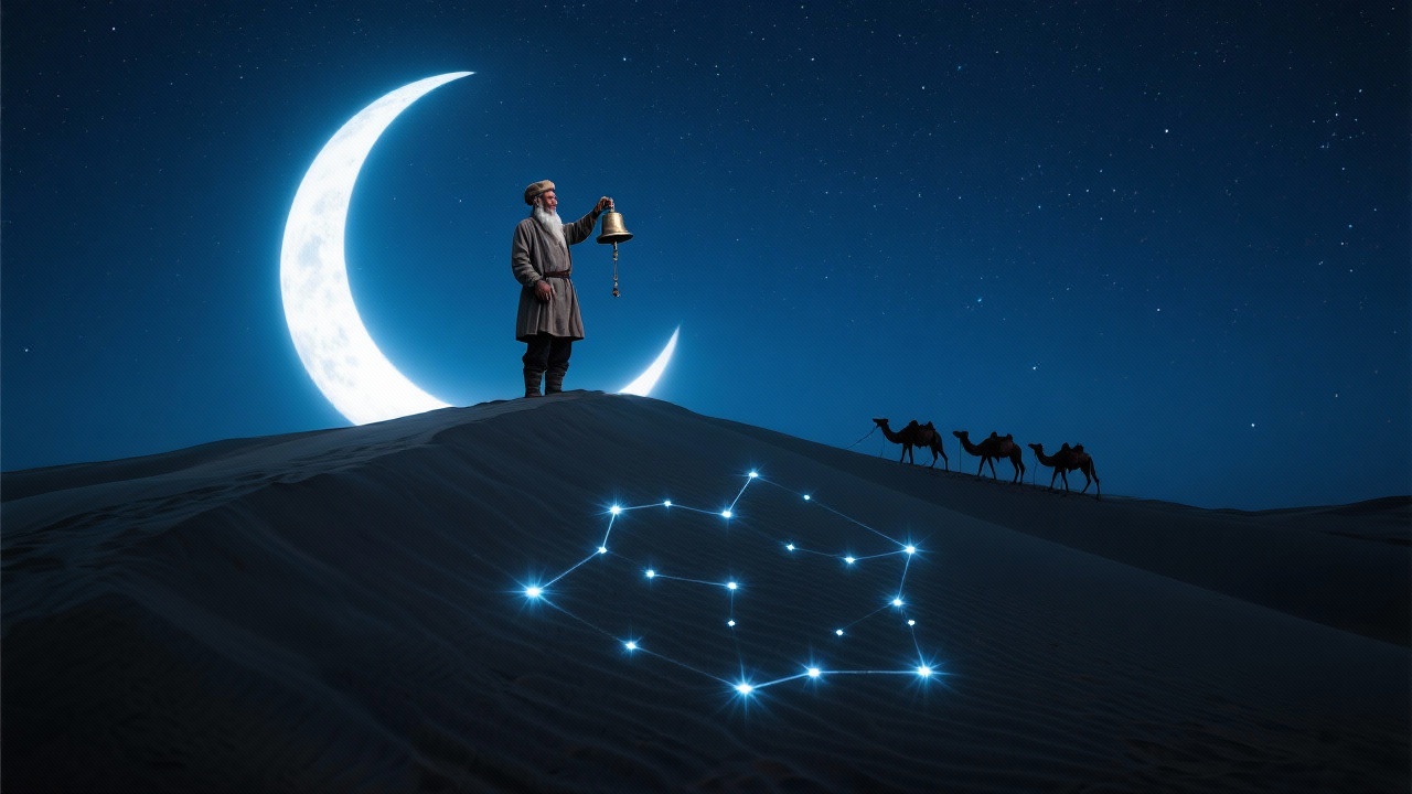 夜景图像：月光下，老向导站在月牙沙丘顶峰轻摇铜铃，声纹如电潜入沙丘，晶屏在沙面上投射闪亮星座图，驼队远影，星空璀璨。