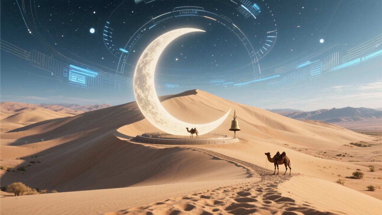 象征性图像：月牙沙丘作为浩瀚星盘基座，丝路古道蜿蜒而过，驼铃声波荡漾于空中，融合古代游牧智慧与现代智能科技元素。