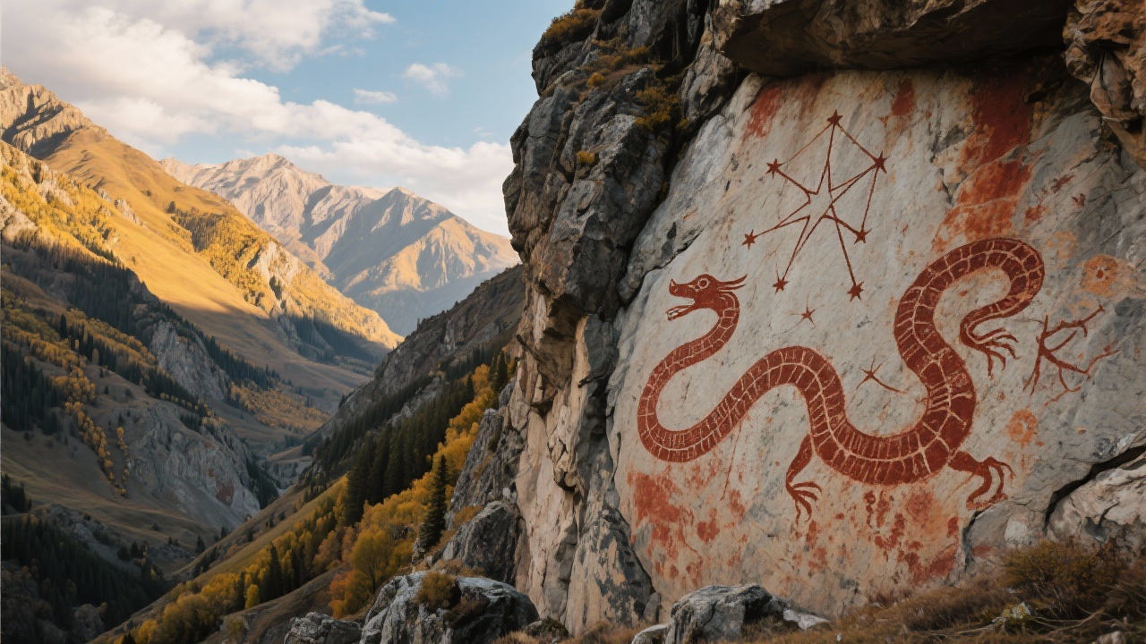 在新疆阿尔泰深谷中，高耸峭壁上朱赭斑驳的岩画若龙蛇之迹，描绘出古代游牧先民凿刻的星辰图案，背景是金秋云岫的壮丽山景。