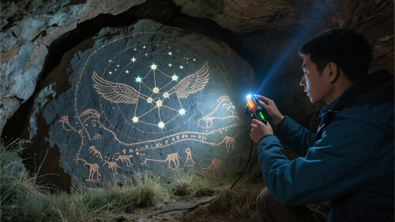 考古学者手持激光探针扫描岩画，光谱显示七点连珠的昴宿之形和六翼旋天的北辰之轨，二十八宿在蹄痕草迹中蜿蜒起伏，北斗九星星图在岩窟深处闪耀。