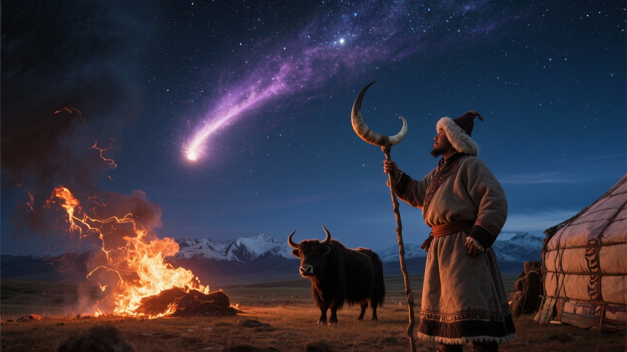 古代牧人执牦牛角杖遥指星河，扫描仪揭示彗星掠地之象，火焰灼痕与"轩辕星孛贯紫垣"异兆相合，展现游牧民族观天象记时序的场景。