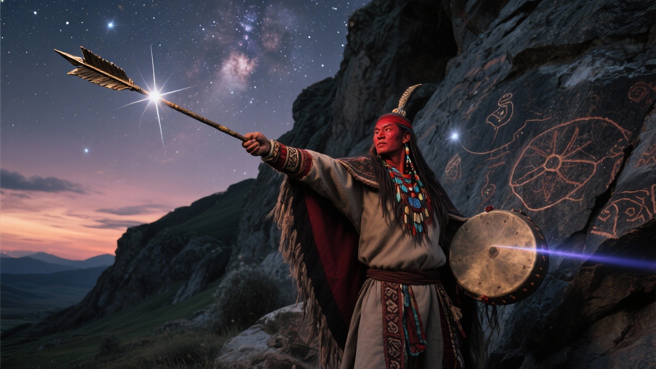 暮色四合时，赤面萨满挥动星斗披风，青铜箭镞掠过银河，千年岩层中传出羯鼓雷音，学者激光与远古岩画交融，象征解宇宙之谜的史诗。