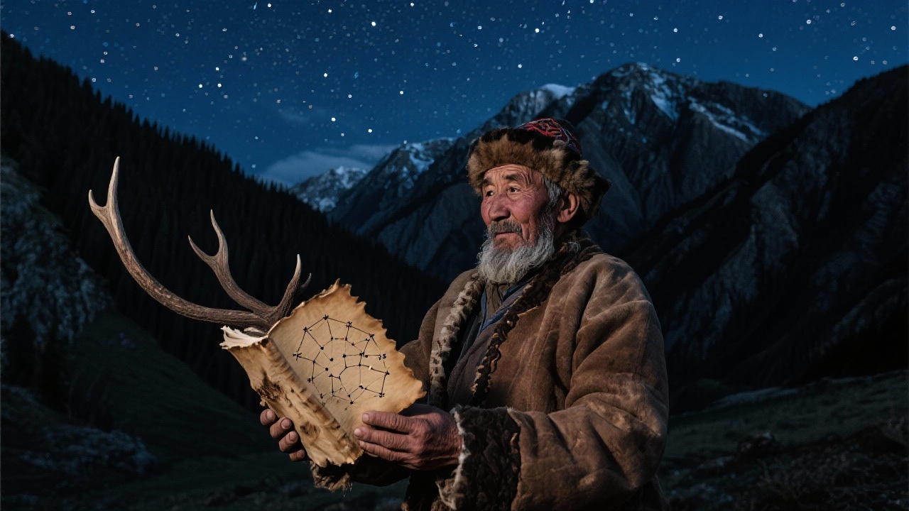 夜空下，阿尔泰山脉陡峭如犬齿，星光点点，一位老牧人巴特尔手持鞑靼鹿皮囊取出的桦皮书，书页上藏有二十八宿星图。