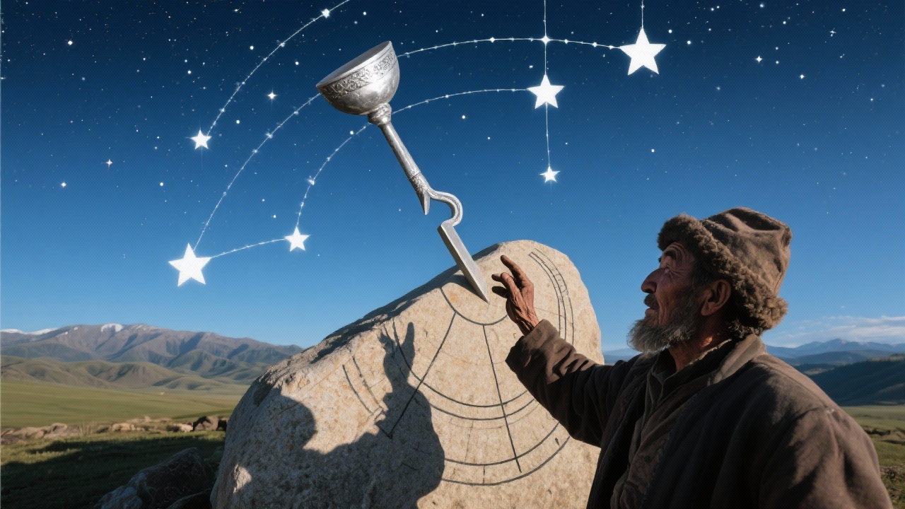 牧人枯手指过星象图，北斗七星倒悬似银杓，与匈奴日晷石光影咬合，星轨与晷影完美契合。
