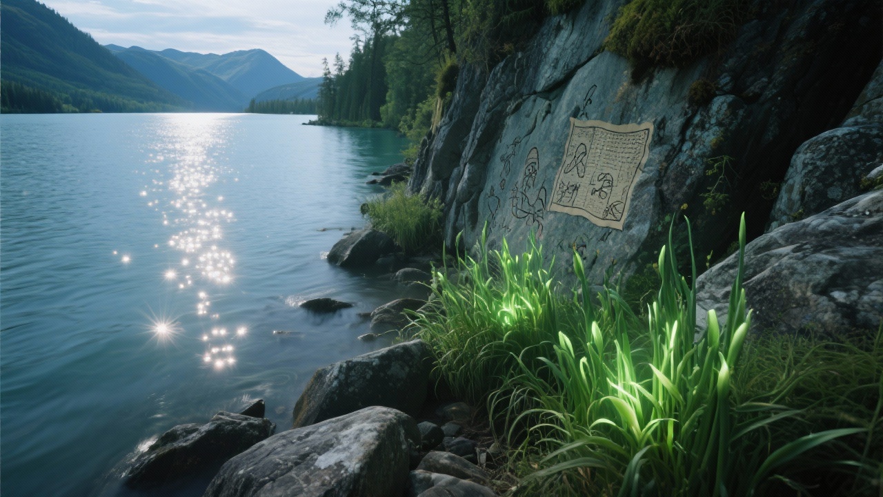 喀纳斯湖水星光沸腾，幻化千年气象卷轴，岩壁岩画浮凸，石隙野葱如绿焰般勃发生长。