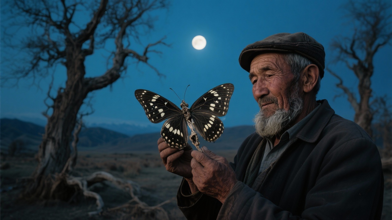 新疆阿勒泰的月光下,老牧人托合塔尔别克在枯瘦胡杨林前,手拿月蛾尸骸,仔细观察翅翼暗脉,纹路如星阵般闪耀。