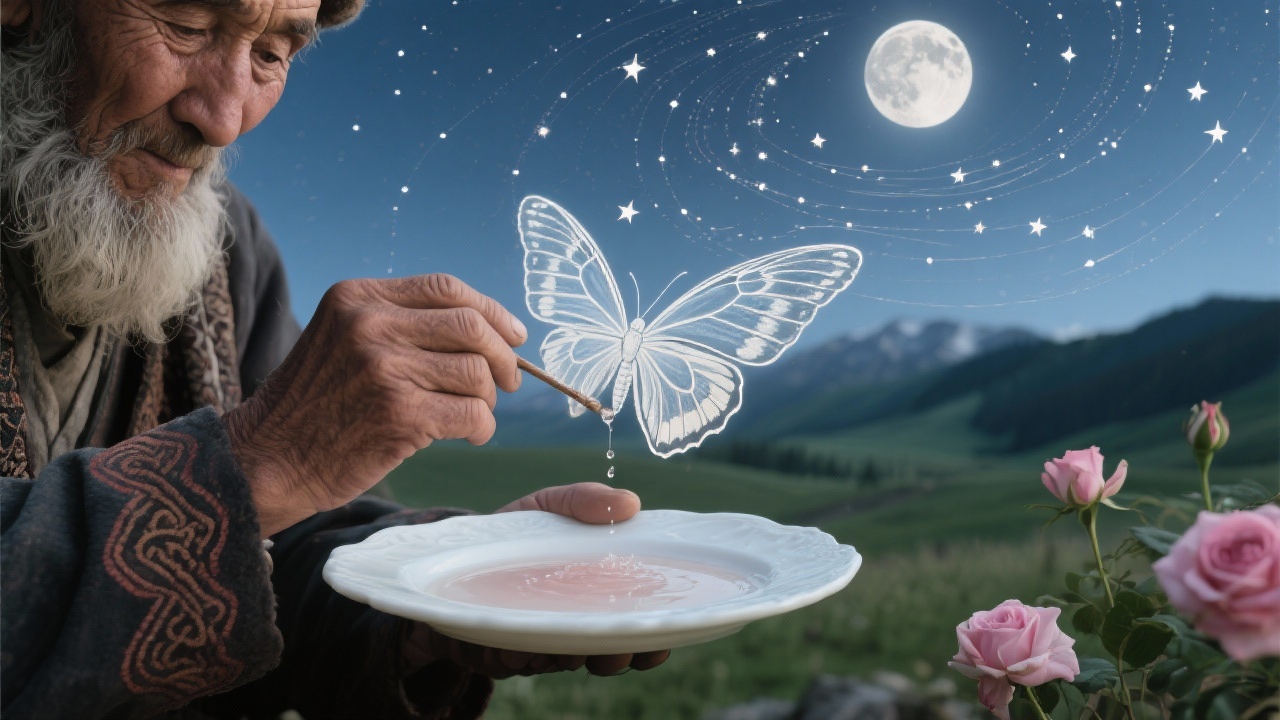 老牧人蘸取蔷薇天露于玉白浅盘中,冰凉手指悬腕在月蛾翅翼上,精妙描摹隐藏的星轨脉络。