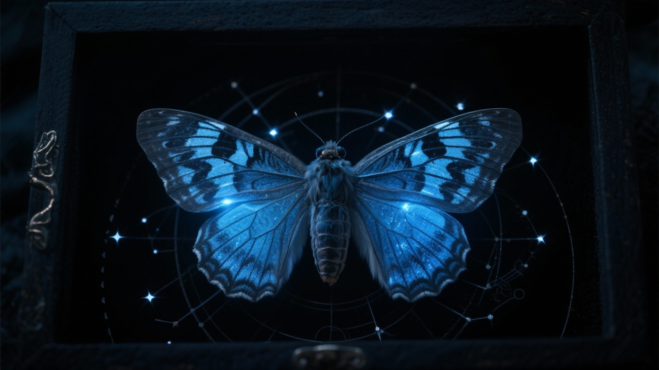 蛾体被置入乌沉暗匣,翅翼纹路在绝对黑暗中骤然迸发磷蓝色光芒,冰冷星火勾勒出诡异星宿运转图谱。