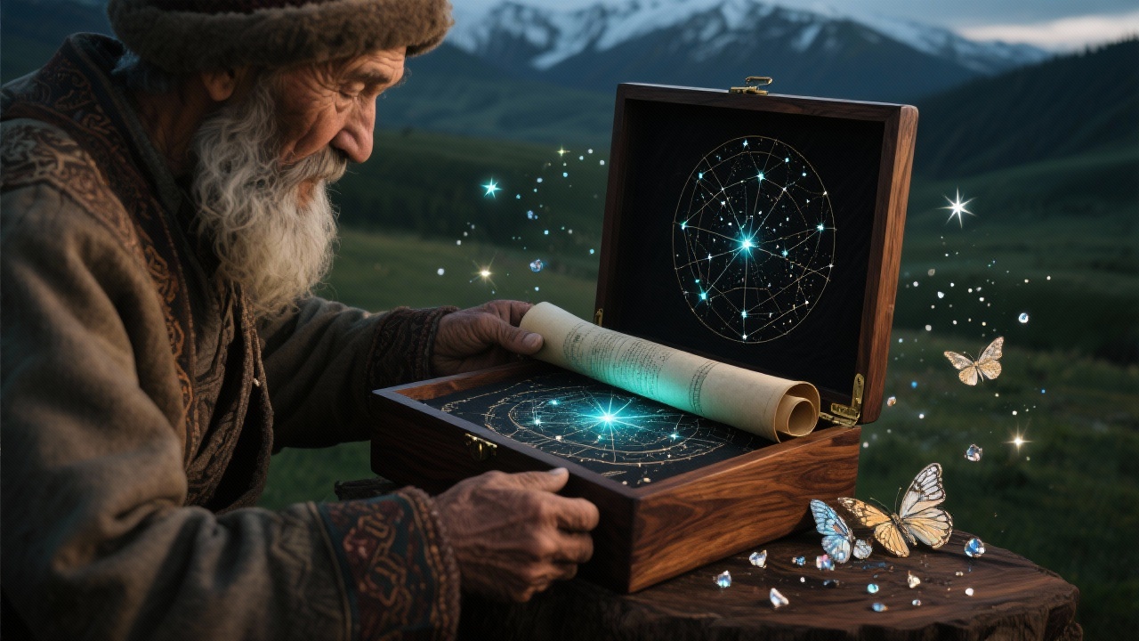 老牧人将复刻好的磷光星图卷轴放入黑胡桃木匣,匣旁漂浮着细微蛾鳞和碎钻般星光尘埃。