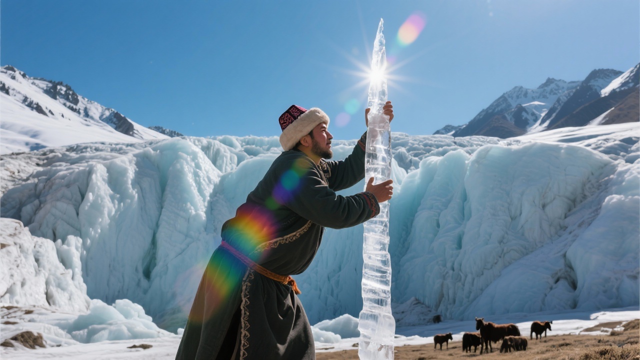柯尔克孜牧人弯曲站立在冰川前，紧握一根透明冰柱举向阳光，光线折射出彩虹色