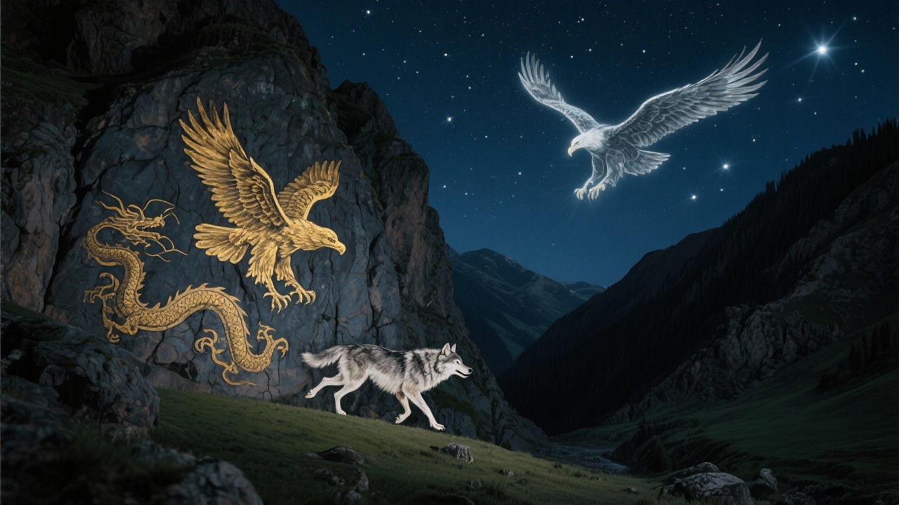 山壁上浮现金雕悬停的岩石壁画，深谷暗影中苍狼奔跑，龙吟化作群星光芒在夜空翱翔