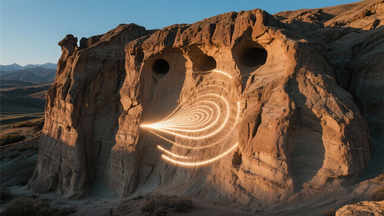 风蚀岩石孔洞发射光束作为扫描仪，巨大石壁充当解码器，岩层振荡出光波荡漾的涟漪