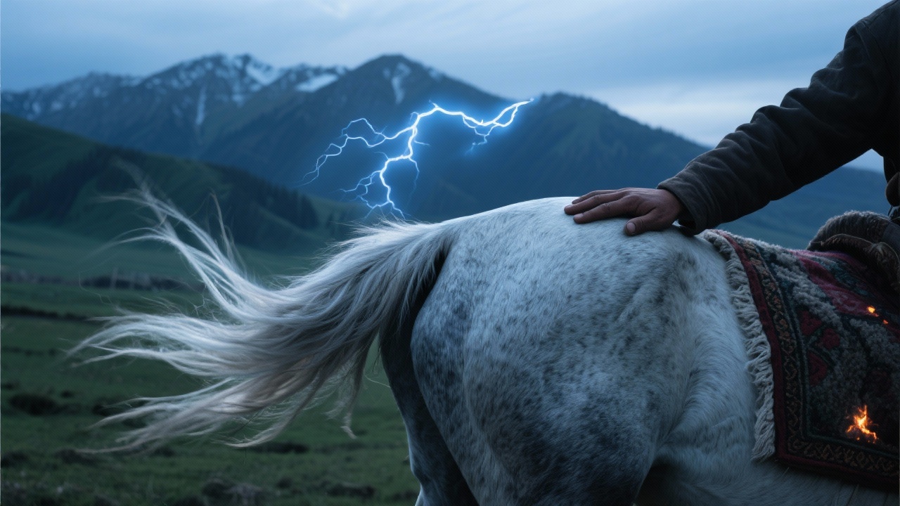 牧人手指探入银色马驹尾鬃,青黛色静电在空中轻颤,如同羊绒挂毯边缘的火星,风自群山俯冲,马驹臀部轻颤。