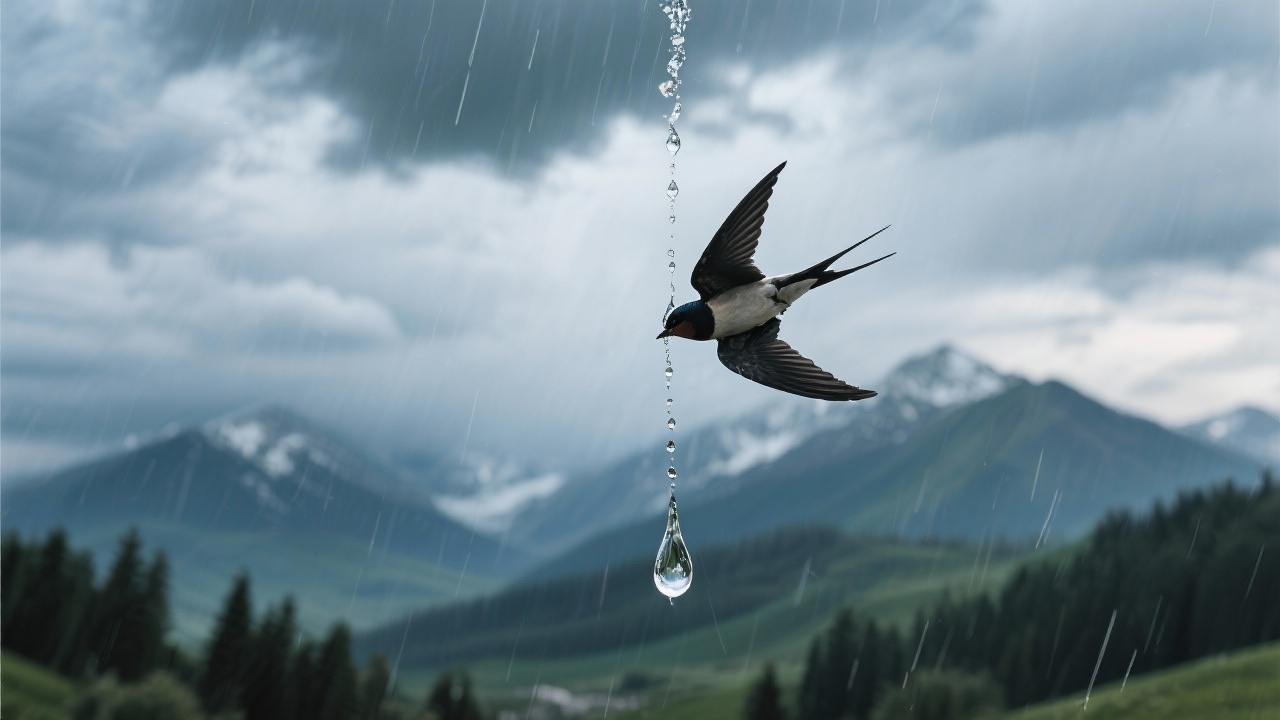 一滴露珠从高空凝结下坠吸附在悬垂鬃尖,空气爆裂声引发雨燕清锐鸣啭刺破云层。