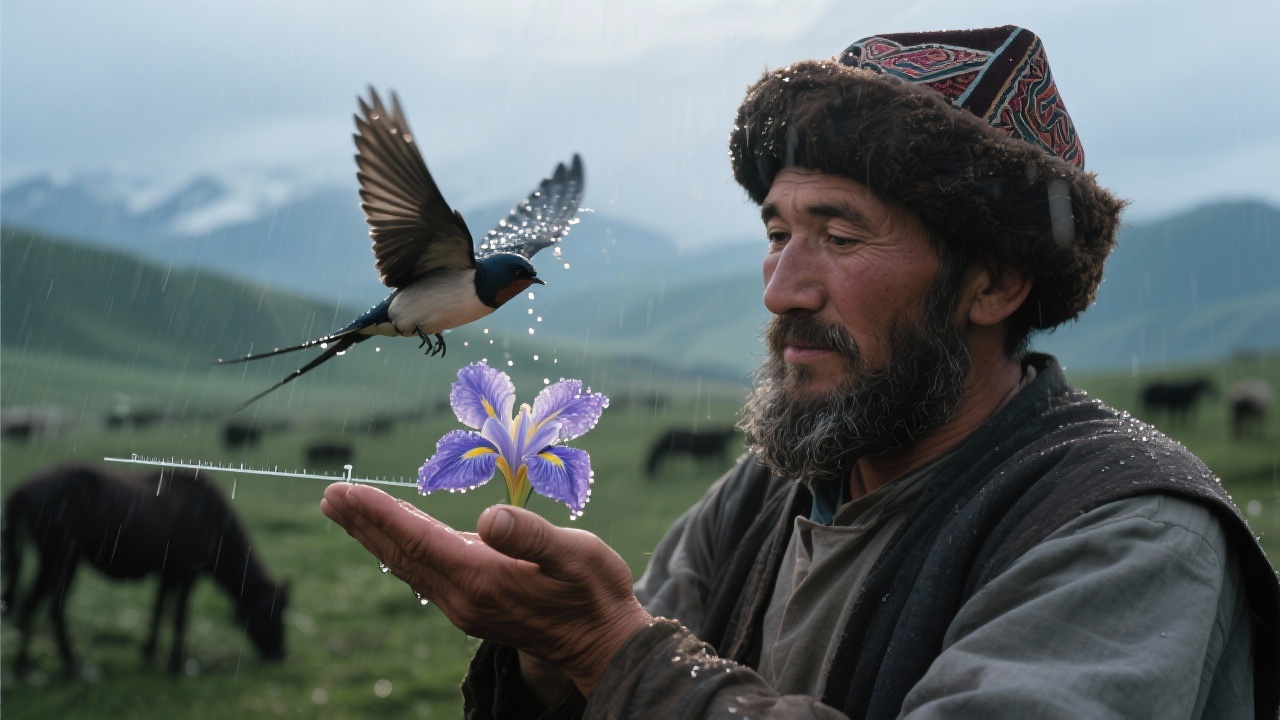 牧人虹膜盛满露滴辉光,雨燕鸣啸凝成光点停在鬃尖,牧人摊开手掌校准湿润刻度。