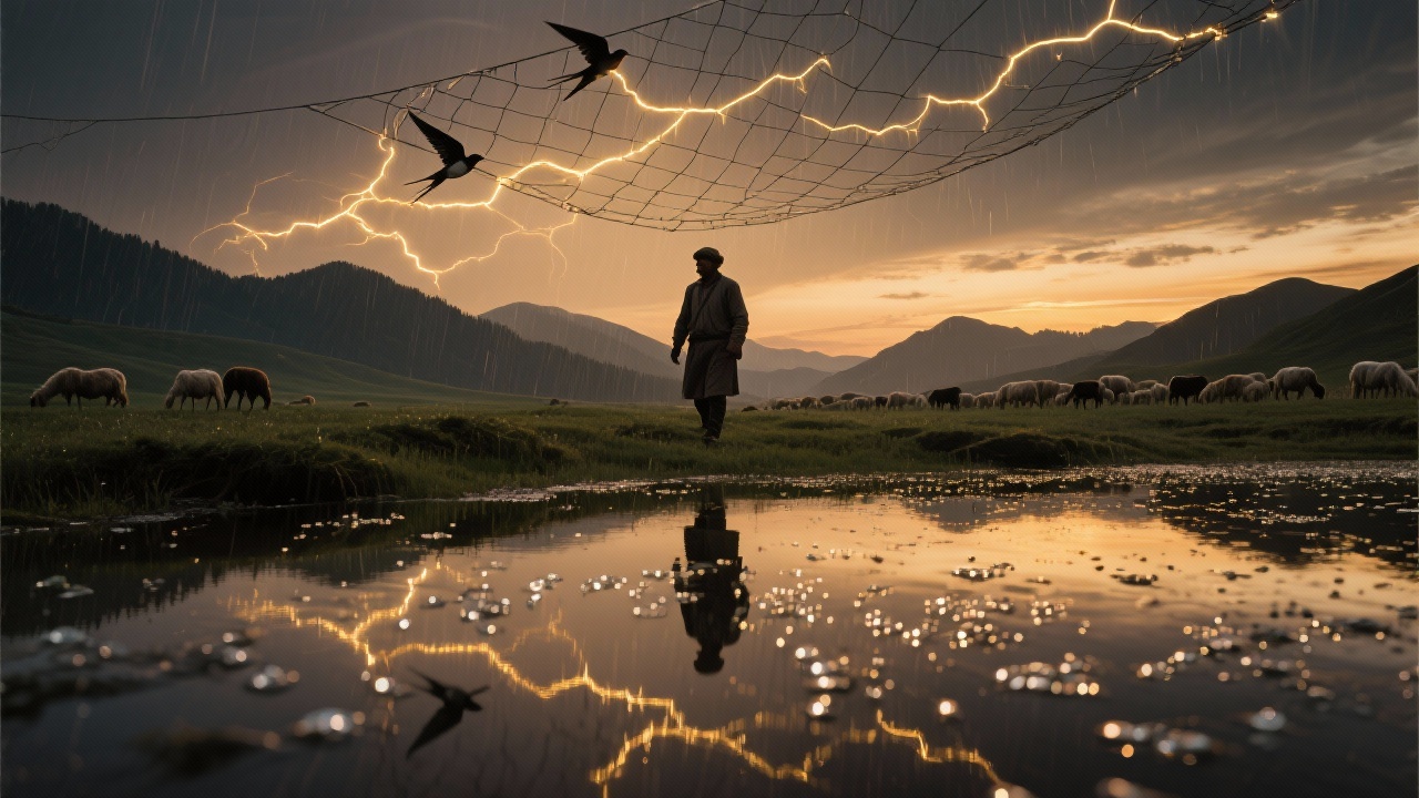 暮色中雨燕啼鸣织就暗金色网,网罗天光和静电,牧人倒影在湖面碎成千片内含电芒,银鬃露珠折射光点。