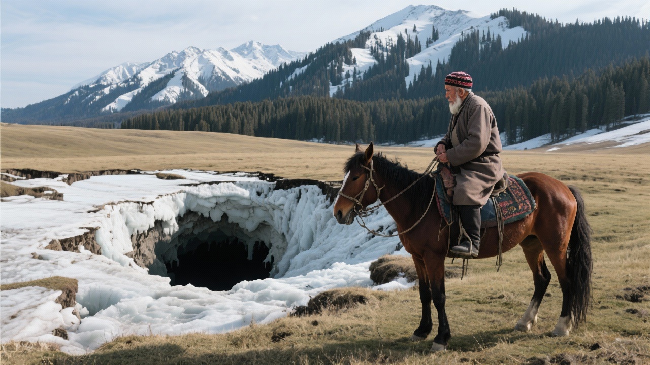 阿勒泰草原上哈萨克老牧人巴合提别克骑马驻足观看冻土地面塌陷黑洞的惊险场景,雪山森林背景。